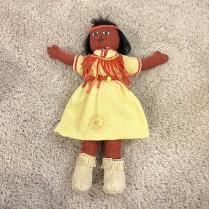 Handmade Native-Inspired Cloth Doll With Yellow Dress Fringe‎ Details